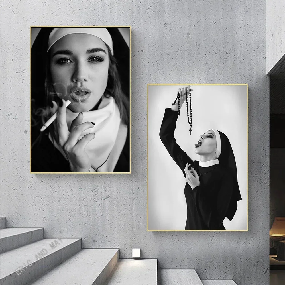 Black White Nun Smoking Vintage Canvas Funny Bad Girls Women Retro Wall Art Canvas Painting Wall Pictures for Living Room Decor