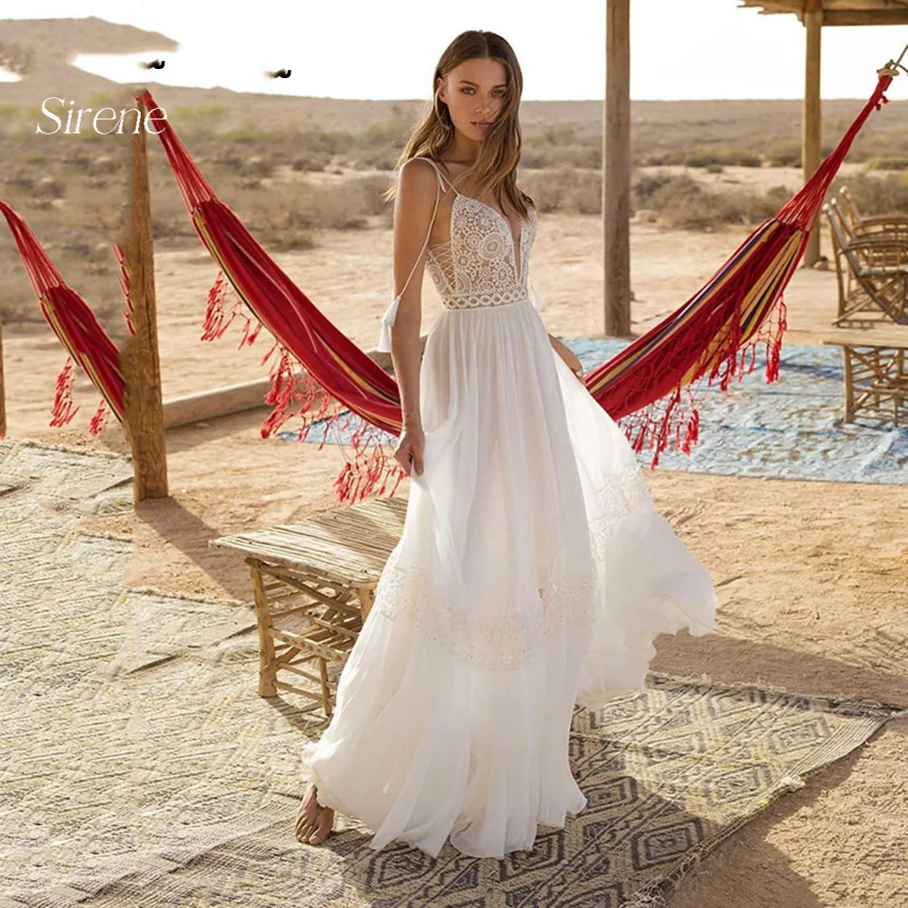 Sirene Boho Lace Applique Pleats Chiffon Wedding Dress Simple A-line V-Neck Spaghetti Strap Backless Sleeveless Vestido De Novia