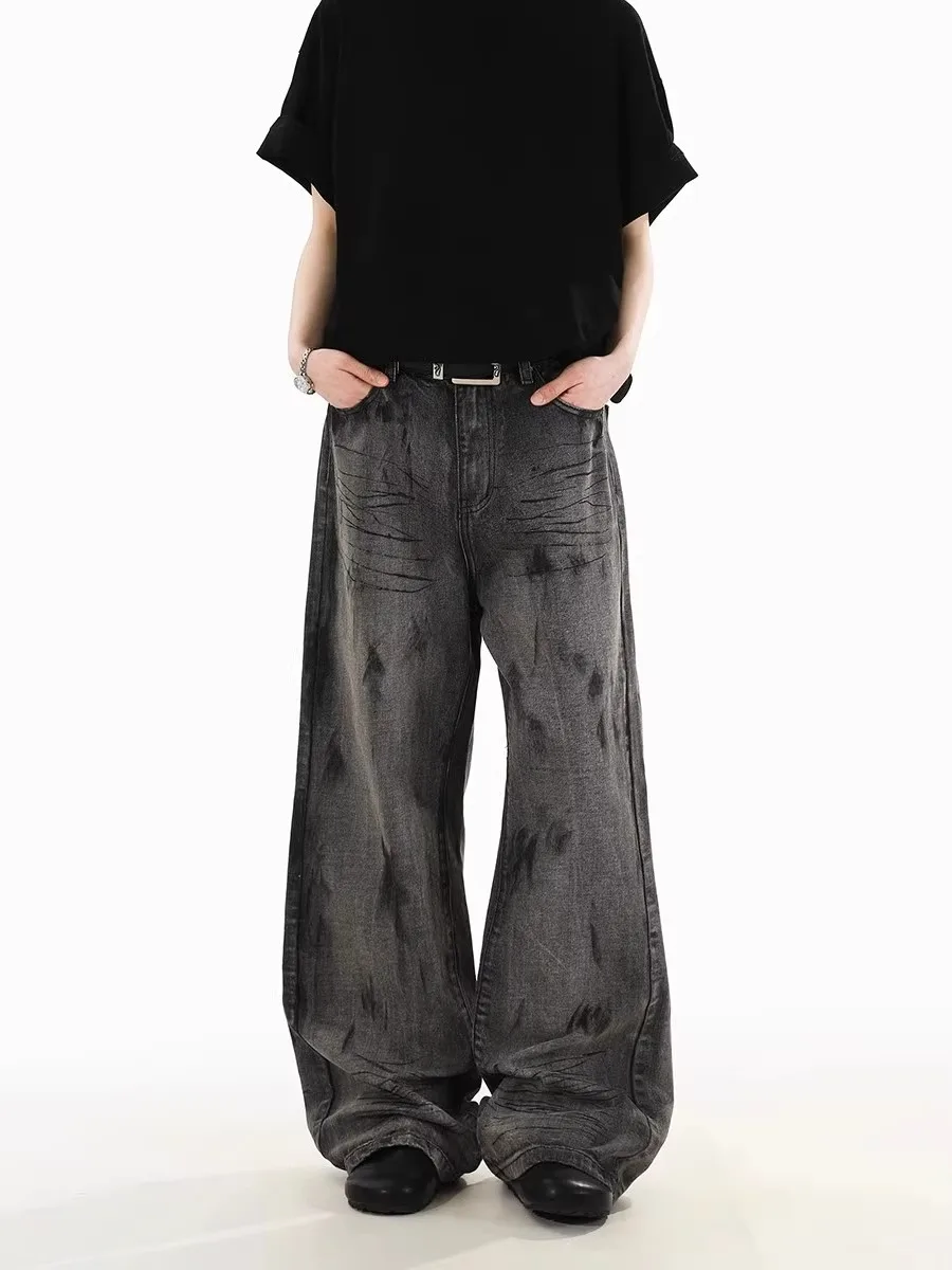 الرجعية الأمريكية Waed المتعثرة الجينز الرجال الشارع الشهير فضفاض مستقيم الساق بناطيل كاجوال عادية Faion واسعة الساق الطابق طول #1