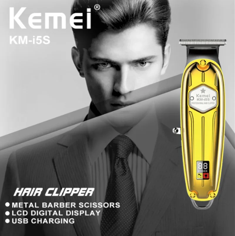 Kemei KM-i5S Gold Metal Body LED Power Display USB Rechargeable Men Hair Clipper hair trimmer  clippers for men  beard trimmer