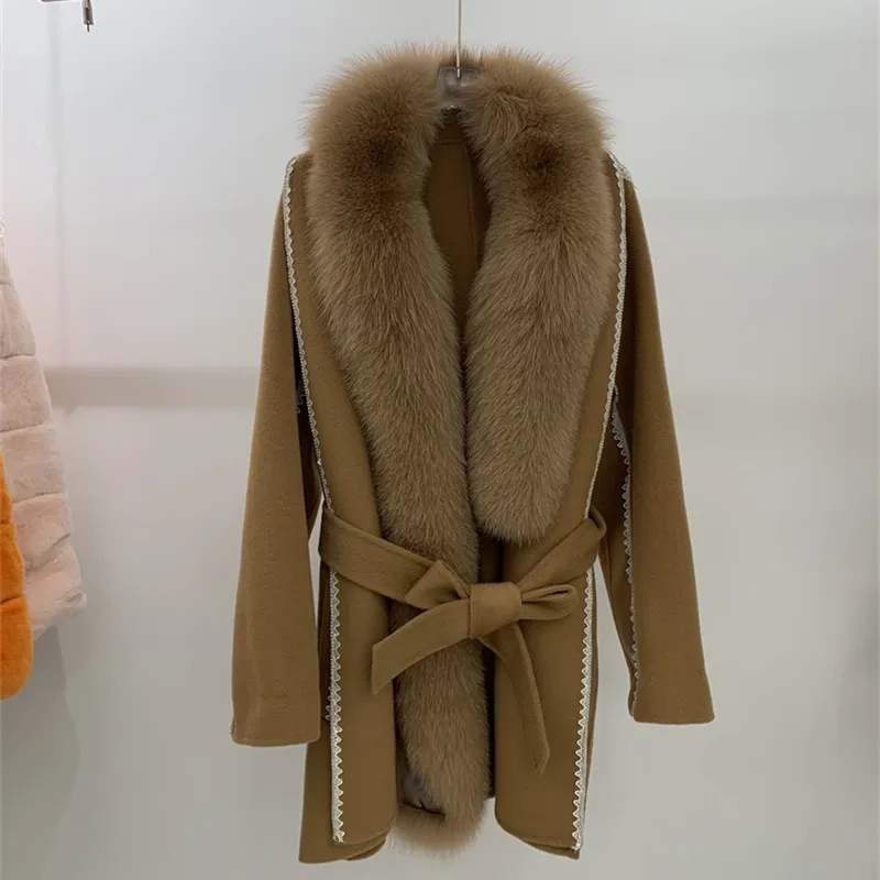 

2024 Real Fur Coat Winter Jacket Women Loose Natural Fox Fur Collar Cashmere Wool Blends Long Outerwear Belt Streetwear