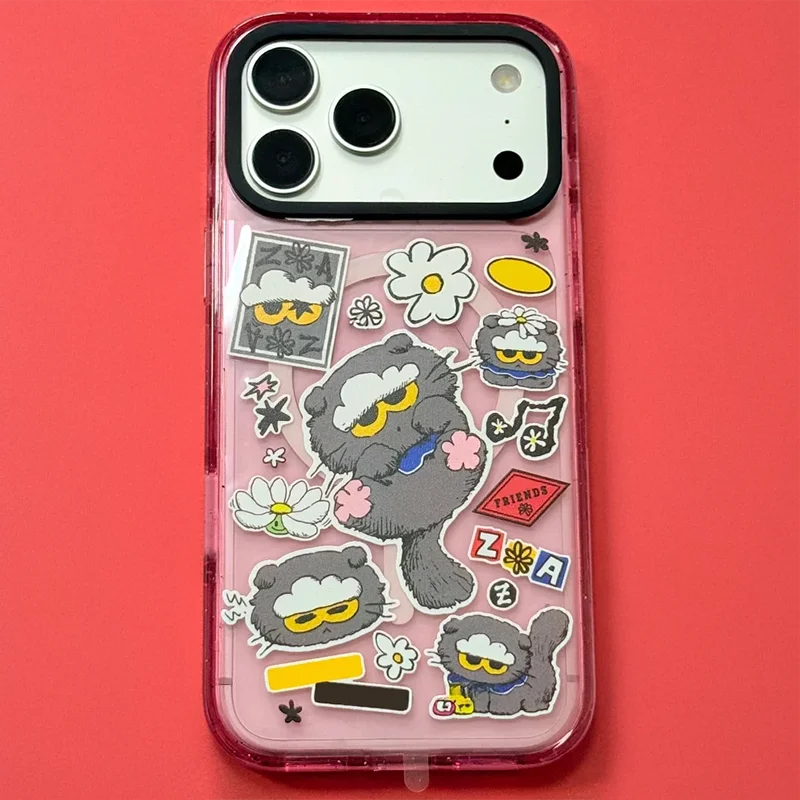 

Чехол с рисунком граффити, серый кот, акриловый, розовый, оранжевый, с рамкой для iPhone 17, 16, 15, 14 Pro Max 17, Air — защитный магнитный чехол