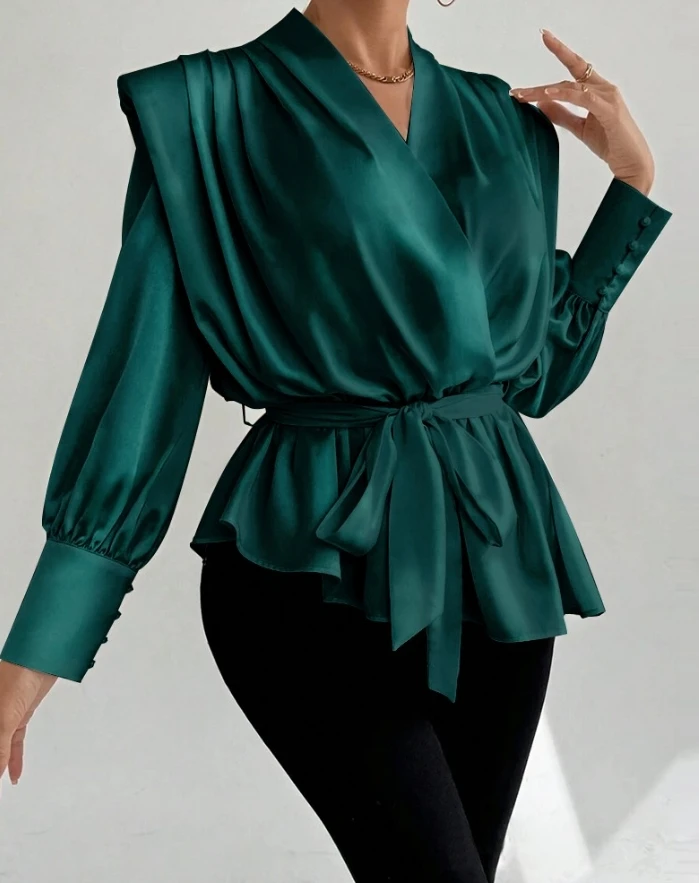 

Women's Autumn Fashion New Shirt V-Neck Long Sleeve Ruched Tied Detail Blouse Top with Shoulder Pad Shipped Within 48 Hours