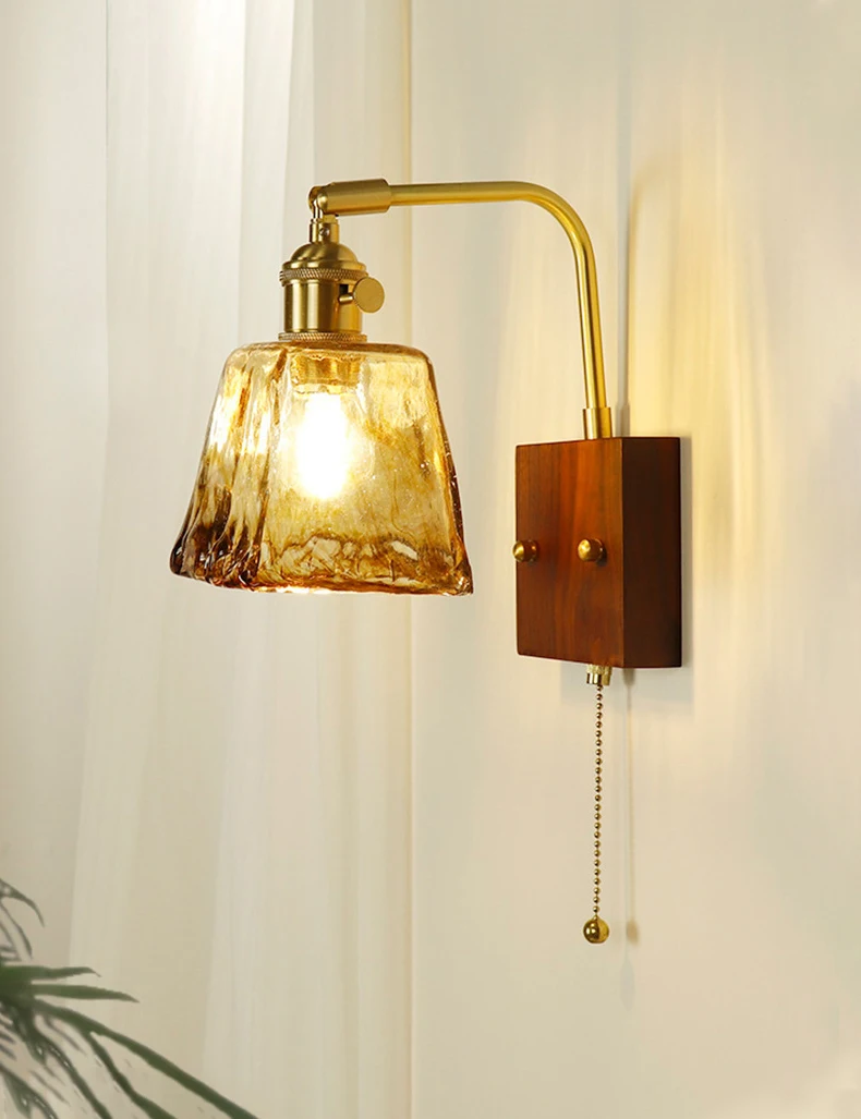 

Japanese Retro Wall Lamp with Pull Switch Modern Simple Bedroom Bedside Lamp Wooden American Brass Glass Wall Lights