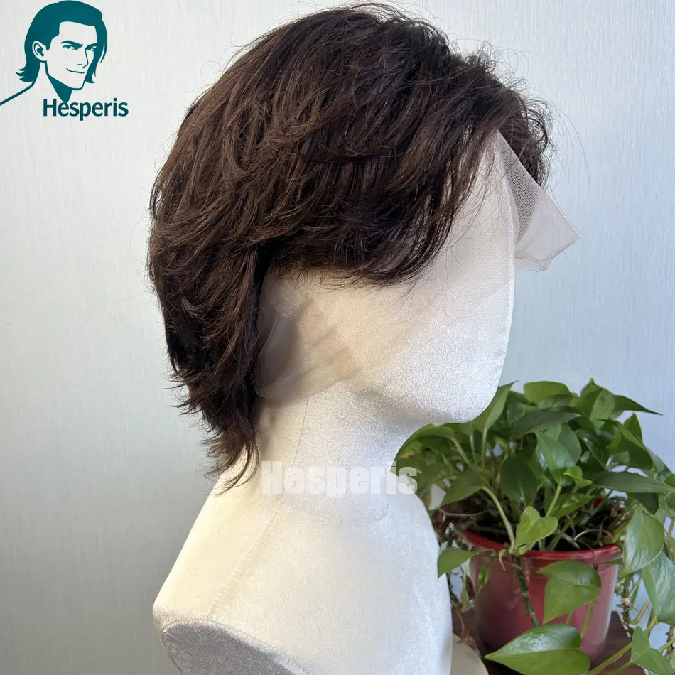 Hesperis Human Hair Men Dark Brown Short Cut Wigs Transparent Full Lace Brown Wigs For Male Glueless Pre Cut  Lace Human Wigs