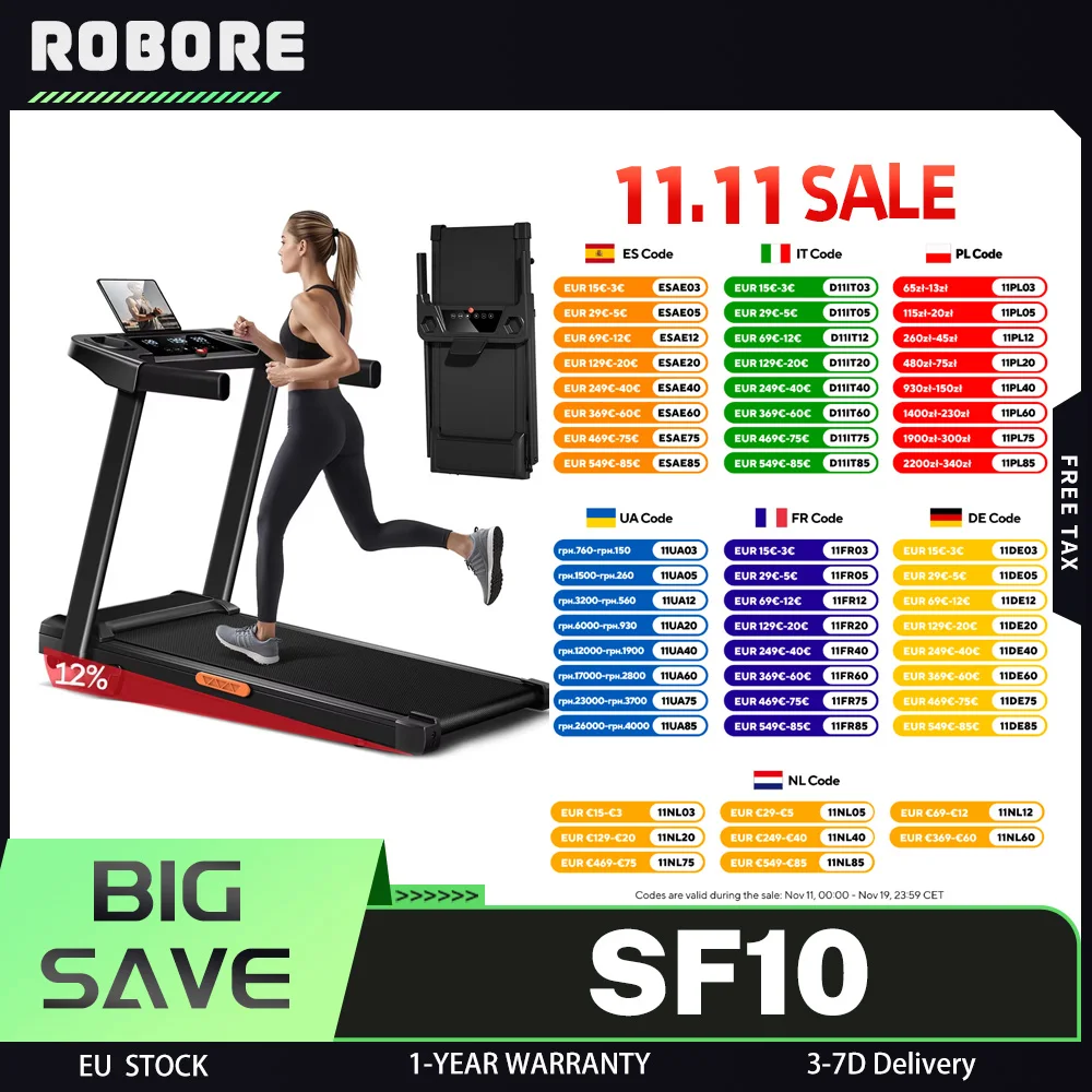 Tapis roulant ROBORE SF10 avec inclinaison 12%, charge maximale 136 kg, tapis roulant électrique 12 km/h, tapis roulant pliable pour la maison avec 3,0 HP