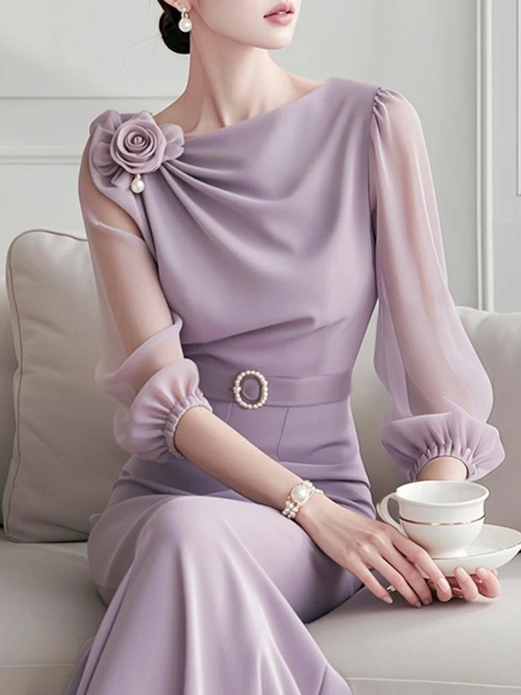 New women's clothing set for early autumn, light luxury, high-end, feminine purple chiffon shirt  blouse women