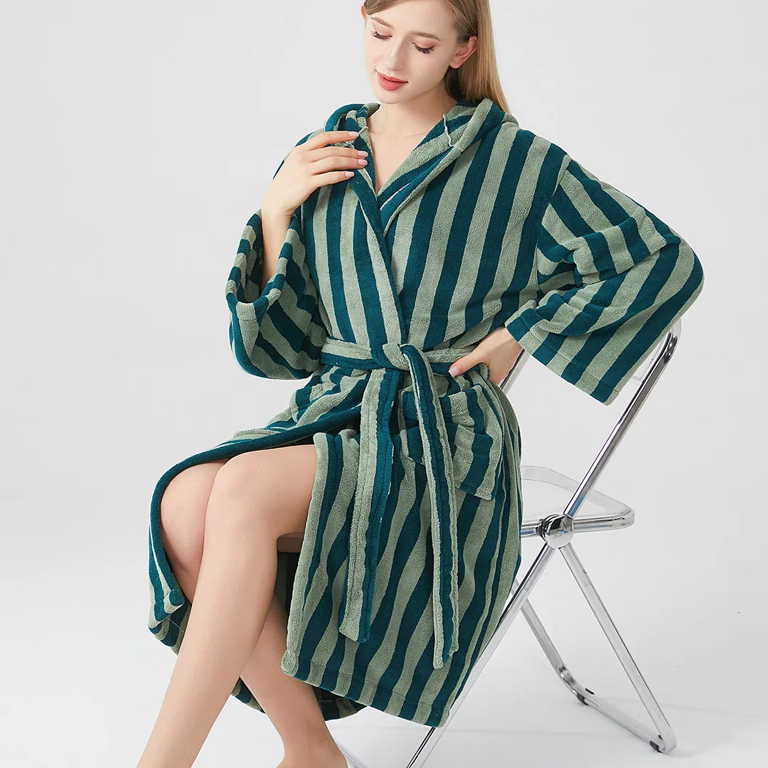 Women Flannel Robe Home Sleepwear Striped Hooded Bathrobe Kimono Bathrobe With Belt Water Uptake Pajamas Loose Hotal SPA Robes