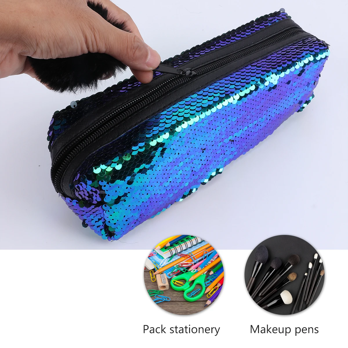 

Sequin Pencil Case Glitter Zipper Bag Mermaid Stationery Pouch Bag Pen Storage School Supplies Polyester