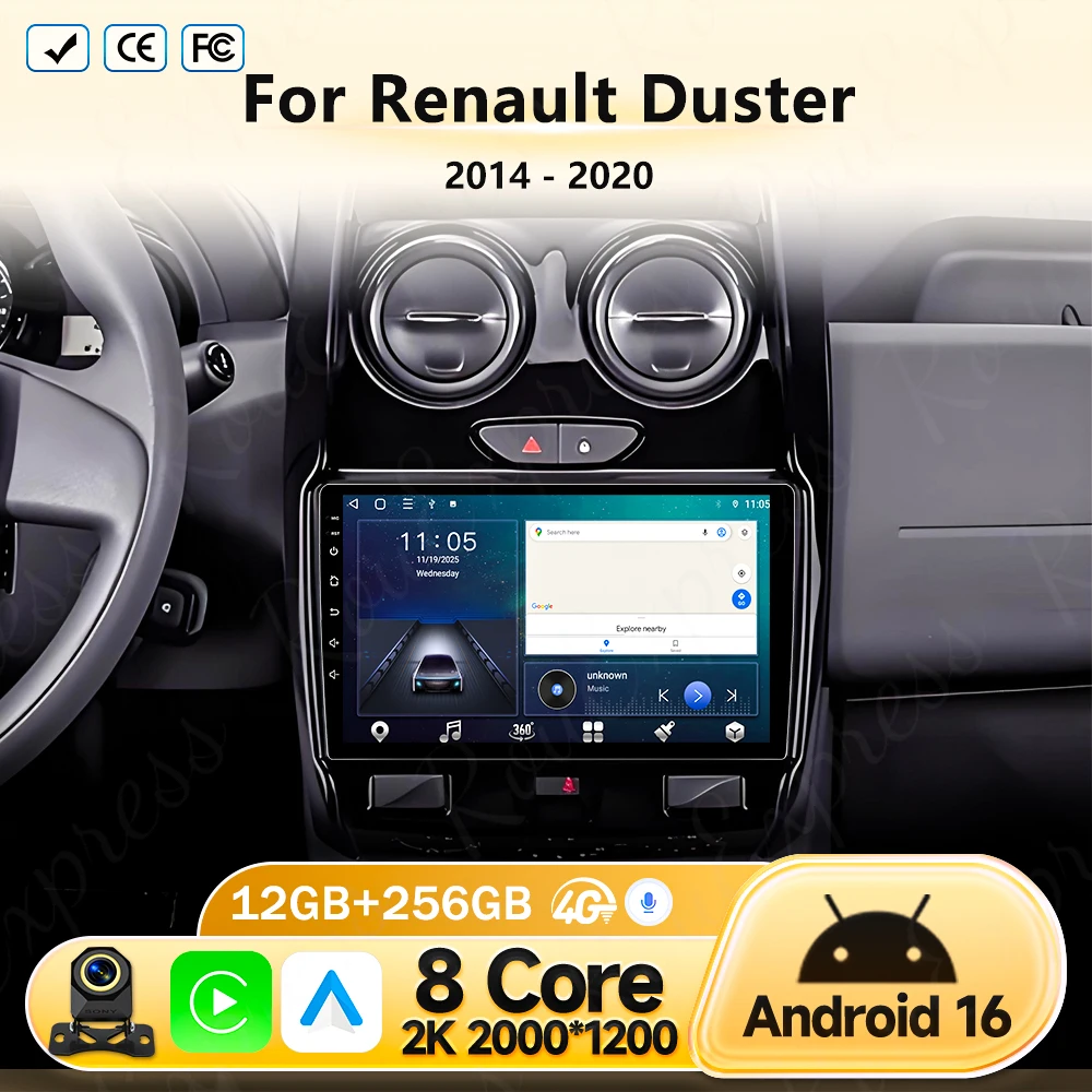 Rádio Automotivo Android 16 Carplay para Renault Duster 2014 2015 2016 2017 -2020 Navegação GPS Multimídia Player Estéreo WiFi 4G DSP BT