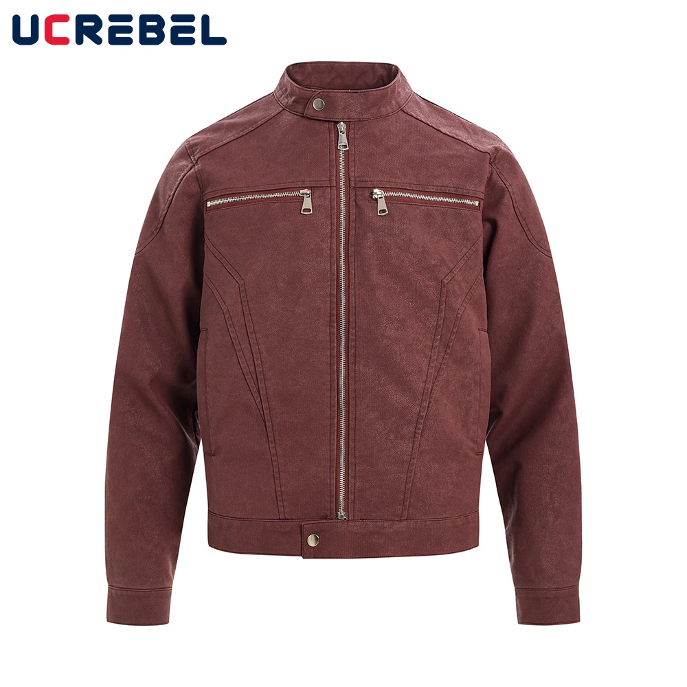 

Мотоциклетная куртка с украшением на молнии, мужская осенняя уличная куртка в стиле ретро, свободная верхняя одежда-карго с воротником-стойкой и длинными рукавами, мужская