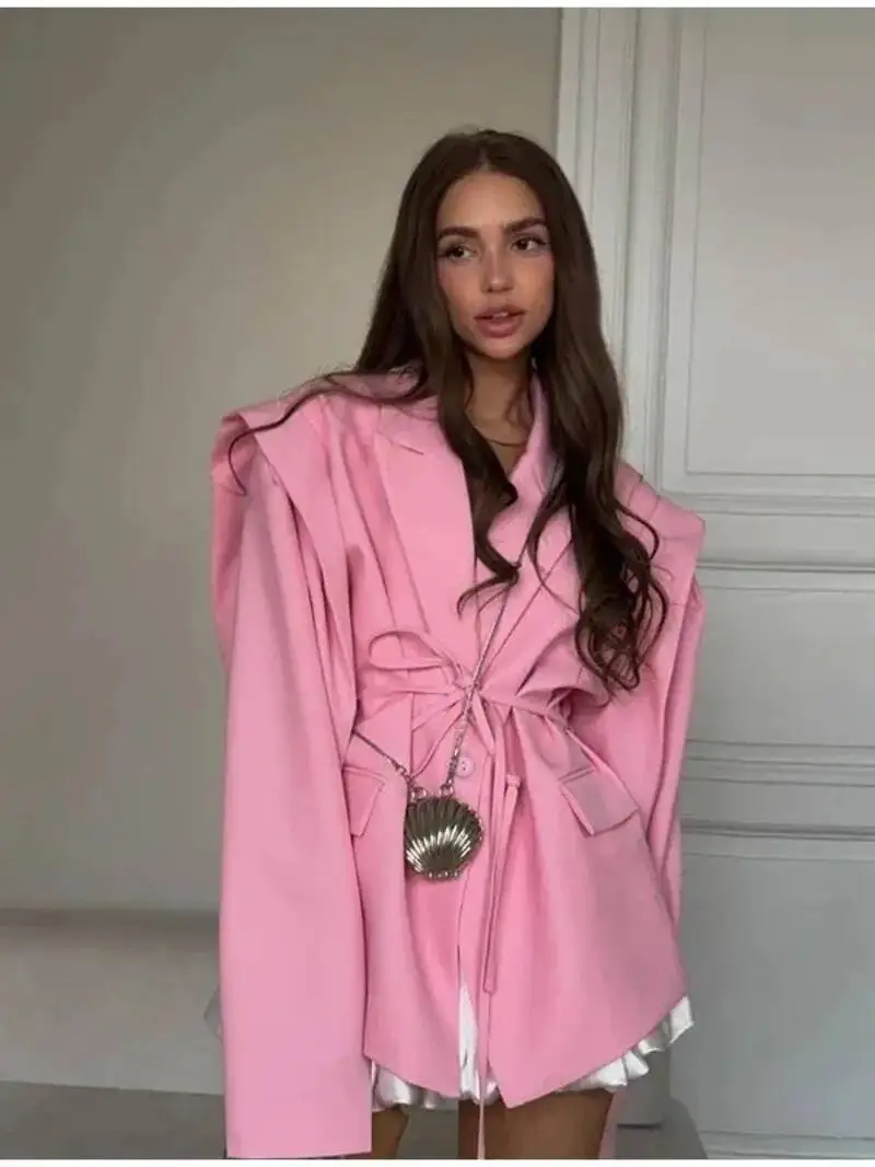 Solid Lapel Blazer Jacket For Women Oversize Notched Single Breasted Shoulder Pads Jackets 2025 Office Lady Long Sleeve Tops M7Q