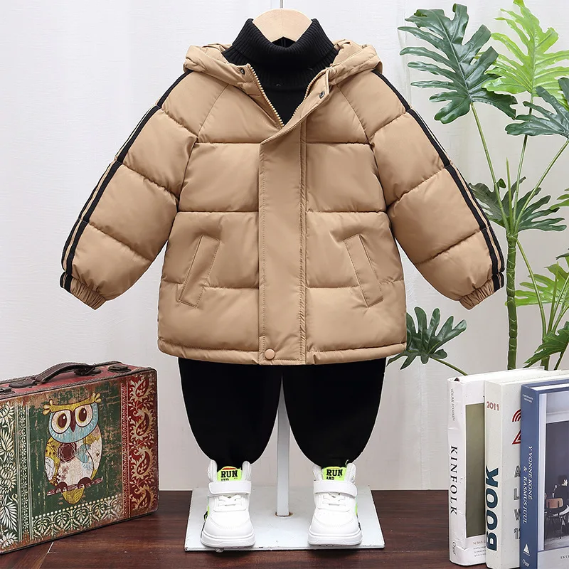 Boys\' New Winter Kids Down Jacket Hooded Solid Mid-Length Warm Coat Cold Protection Hooded Cotton Windbreaker Outerwear 3-10Y