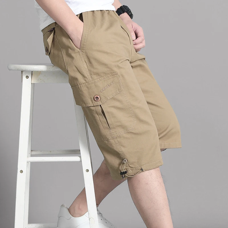 Men\'s Clothing Solid Color Elastic High Waisted Button Straight Cargo Pockets Casual Summer Sweatpants Knee Vintage Shorts