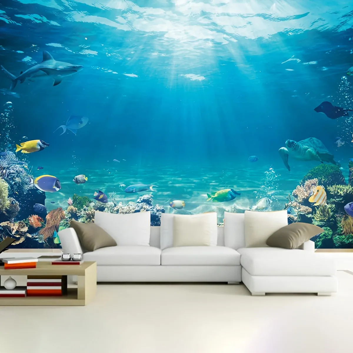 2D Flat, Underwater World Tapestry Sharks Fish Coral Reef Marine Life Oceanic Beauty Living Room Wall Mural