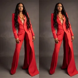 Red Women Suits Set 2 Pieces Super Long Blazer Wide Leg Pants Custom Made Fashion Office Lady Floor Length Party Prom Dress