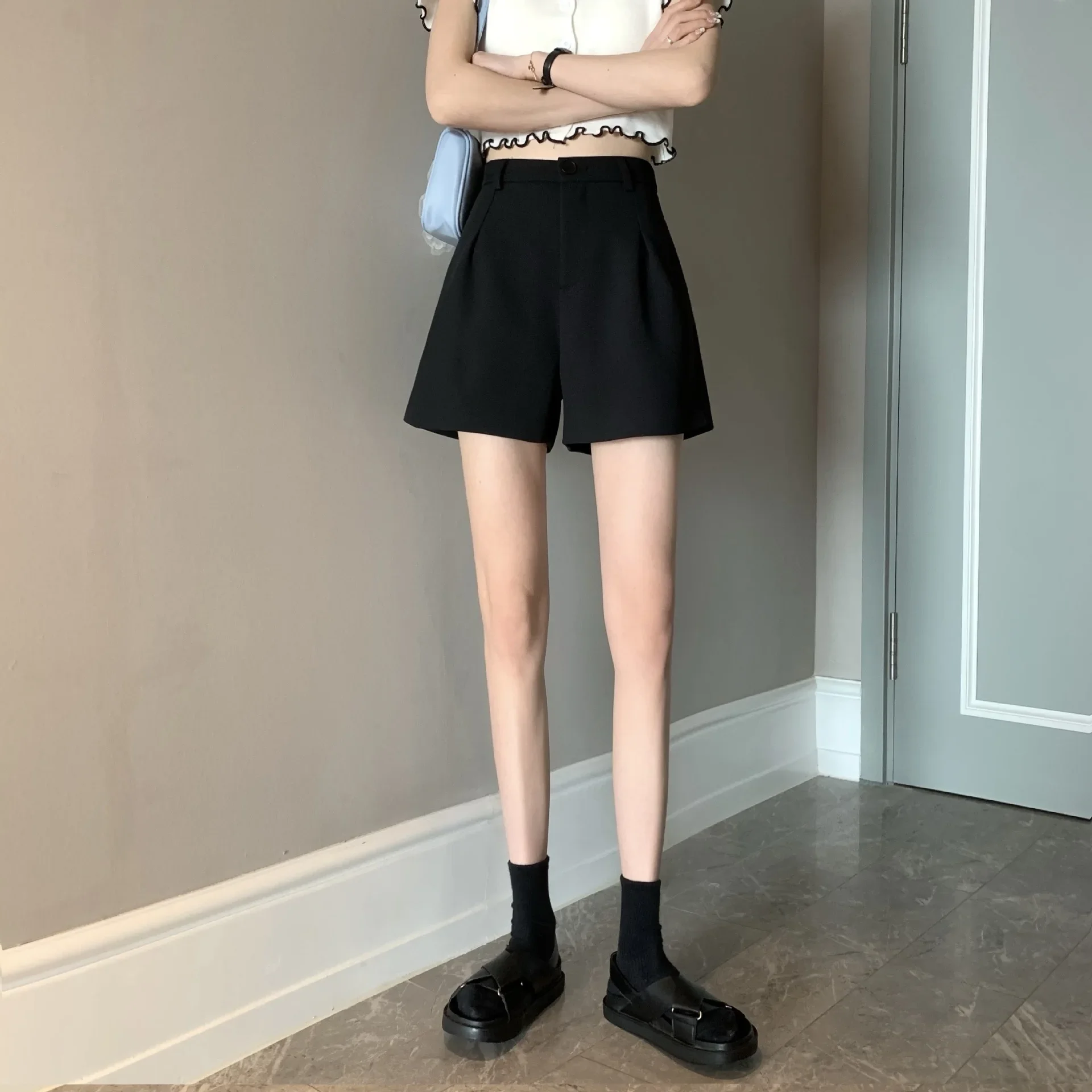 Pantalones Cortos De pierna ancha para Mujer, traje negro, cómodo, línea A, informal, Oficina