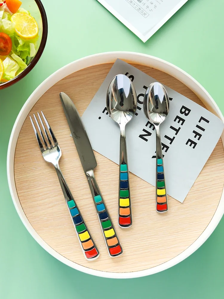 

Macaron color matching western tableware stainless steel high-end eating steak knife fork spoon spoon colorful enamel children's