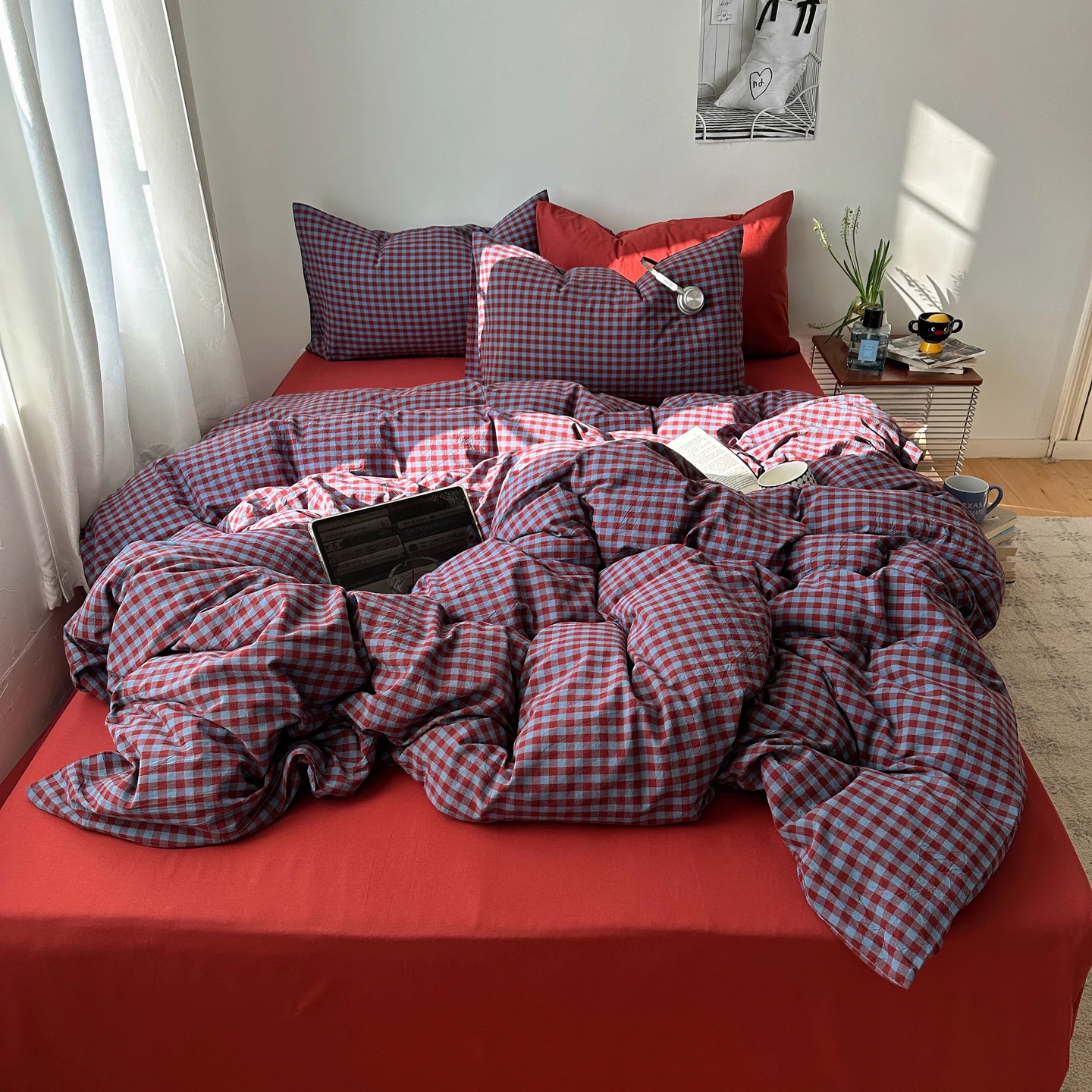 Vintage Gingham Bedding Sets 2026 Retro Aesthetic Duvet Cover Set  Washed Cotton Single Queen King Bed Sheet Set For Bedroom