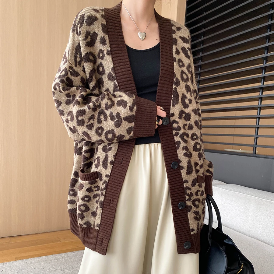 Women Autumn V-Neck Leopard Print Vintage Cardigans Coat Knitted Single Button Blue Sweater Women Winter Cape Clothes Tops