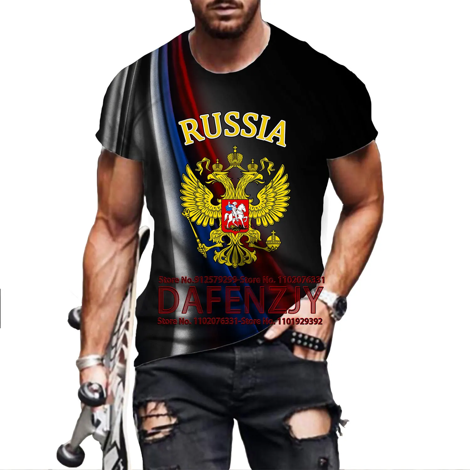 Men\'s Fashion Russia 3D Printed T-shirts Russian Flag Short Sleeve Round Neck Men\'s Clothing Streetwear Tops