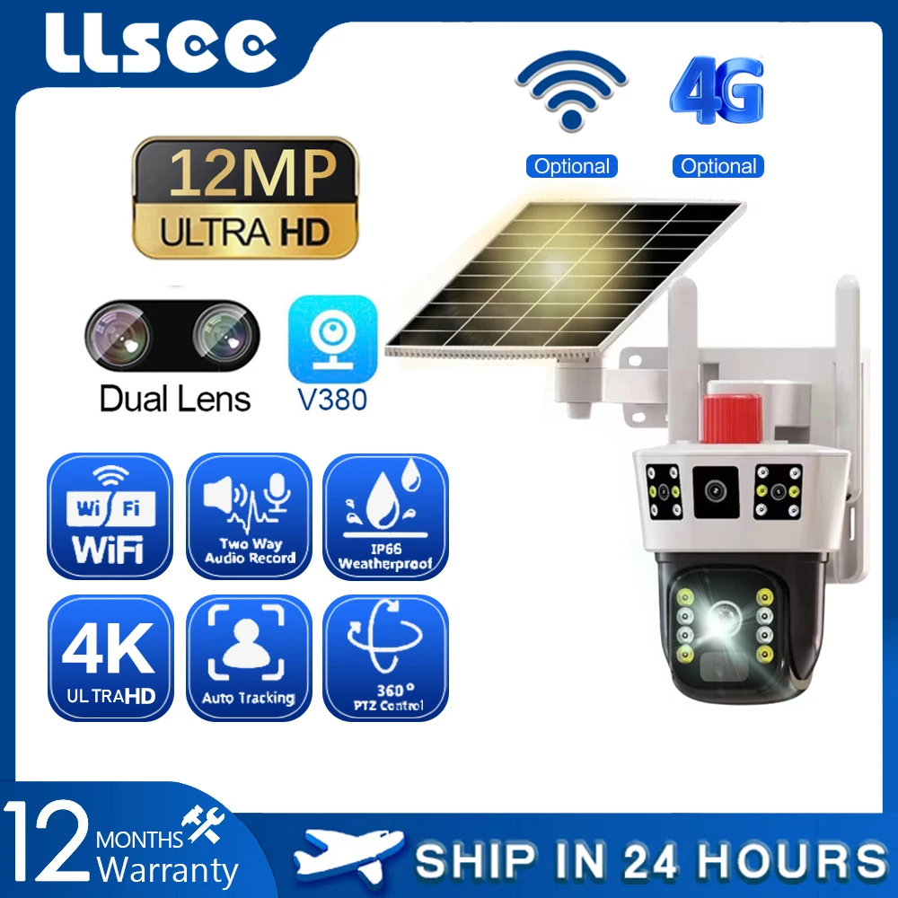 LLSEE V380, 4K dual lens, 10X, CCTV, outdoor security network camera, wireless WIFI, solar powered CCTV