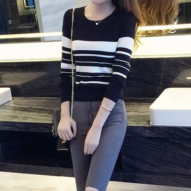 Skinny Round Neck Solid Striped Patchwork Casual T-Shirts Bottoming Simplicity Women\'s Clothing Temperament Thin Autumn Winter