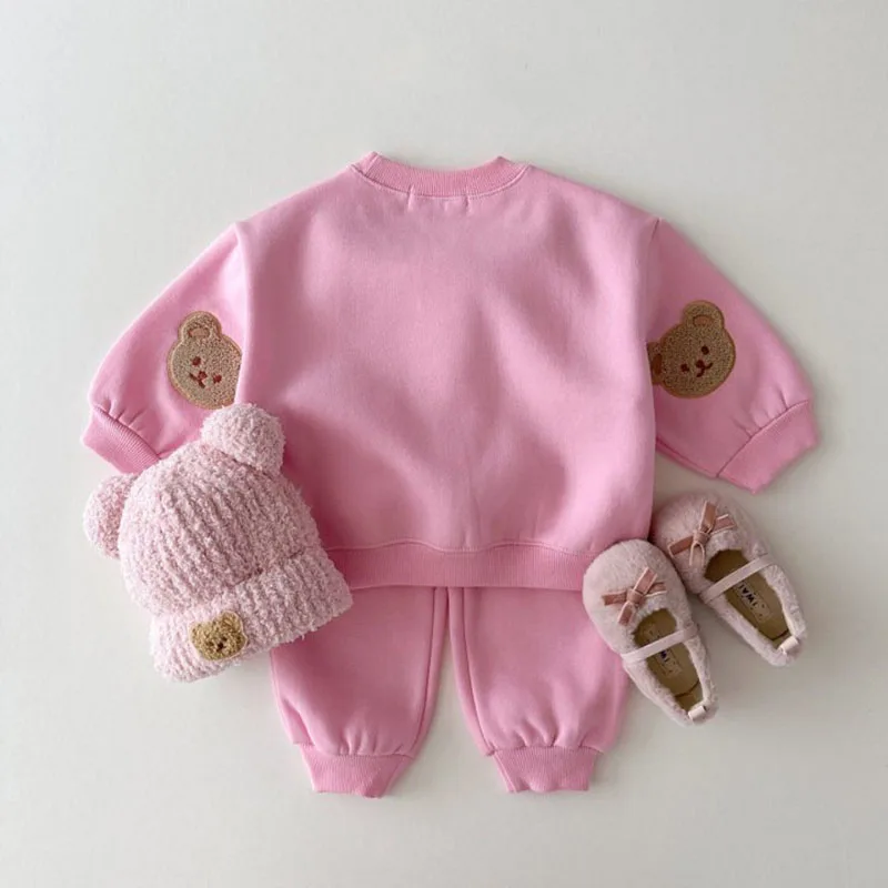 2024 New Kids Clothing Set Bear Embroidery Boys Sports Suit O-Neck Hoodie And Pants 2 Pcs Girls Clothes