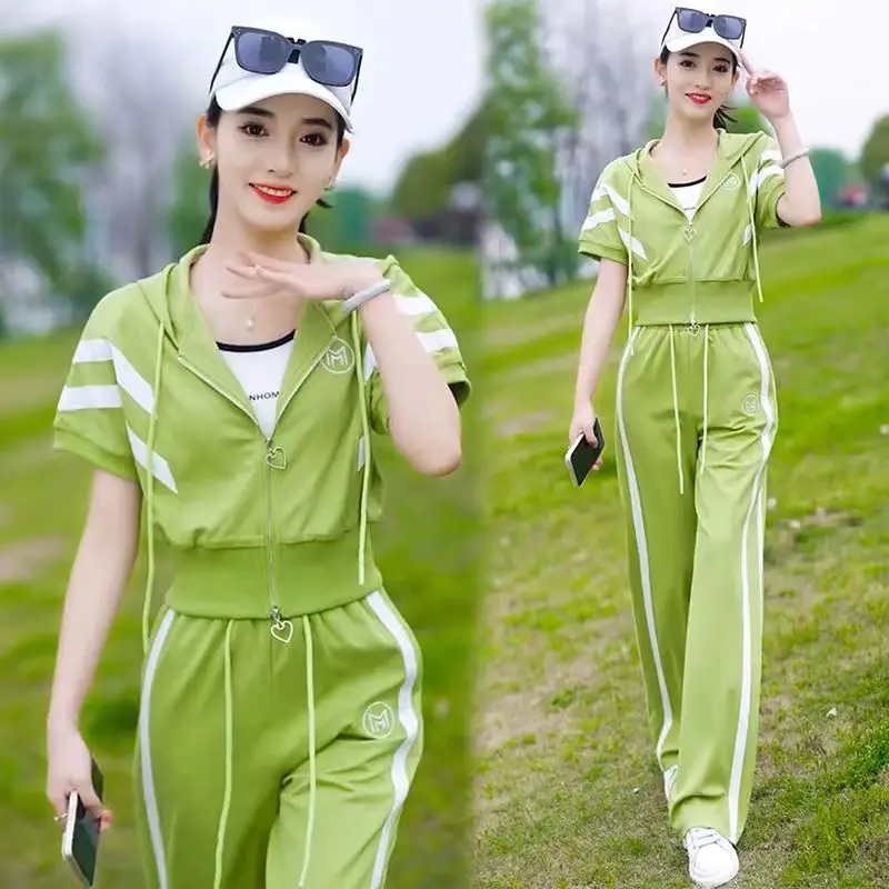 

Fashion Casual Sportswear Suit Women 2023 Summer New Fashion Hooded Short Sleeved Cardigan Wide Leg Pants Two-Piece Set