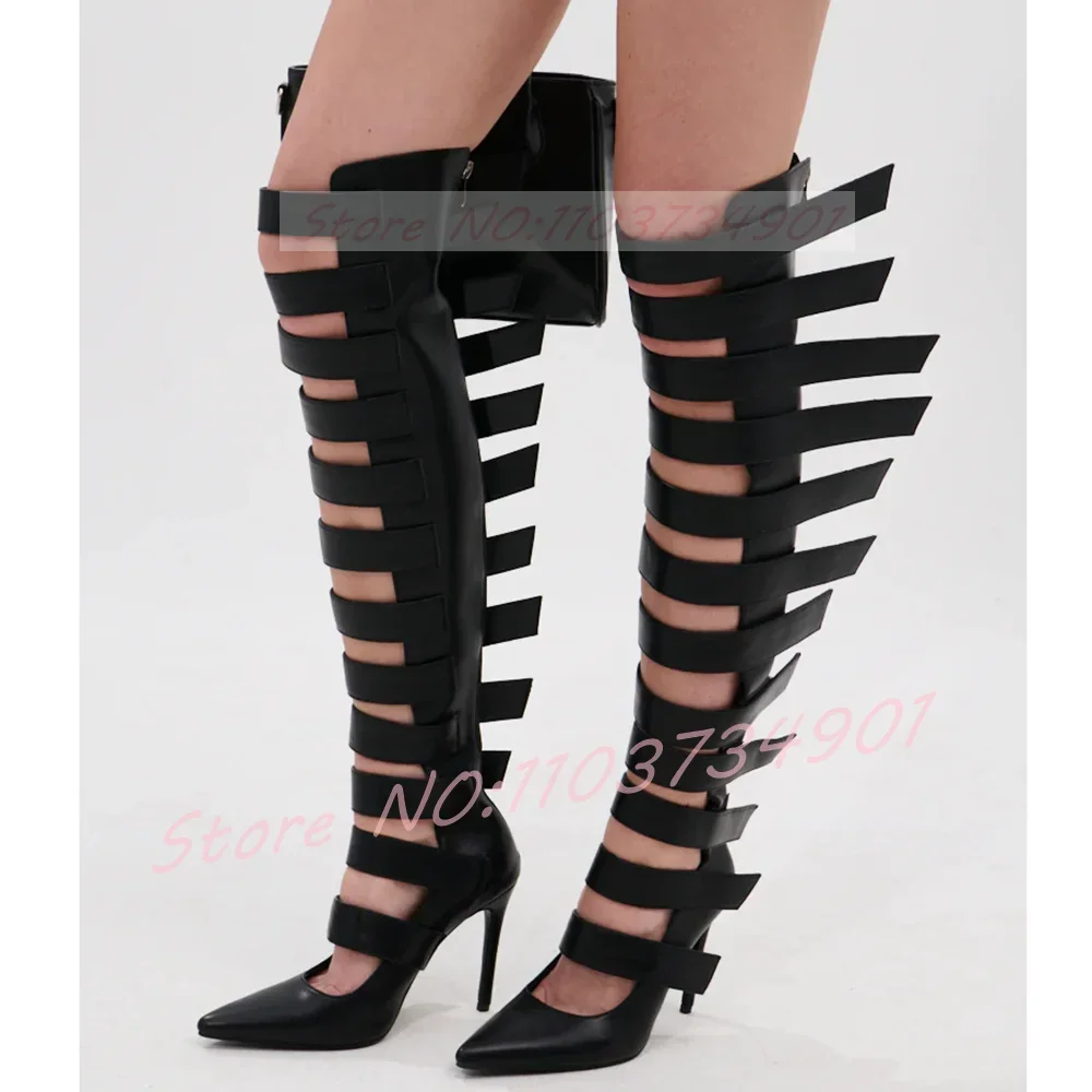 Multi Strap Knee High Boots Women Street Style Pointed Toe Hollow Black High Heels Boots Female Matte Leather Summer Sandals