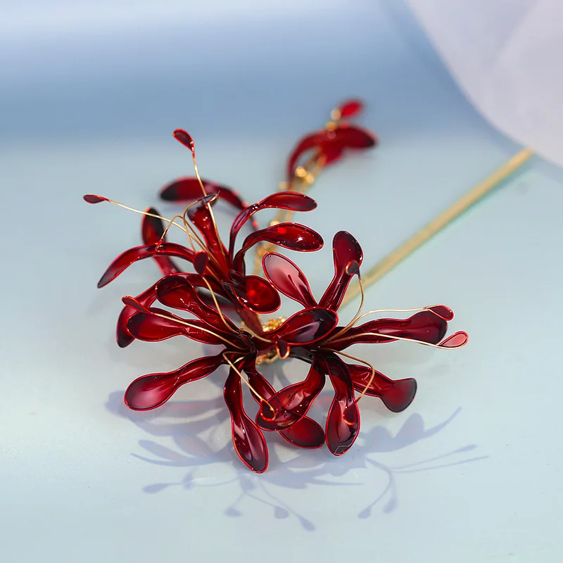 دبوس شعر بشرابة زنبق العنكبوت الأحمر إكسسوار شعر عتيق على الطراز الصيني الجديد لأداء مرحلة هانفو تشيباو هدية مستوحاة قديمة