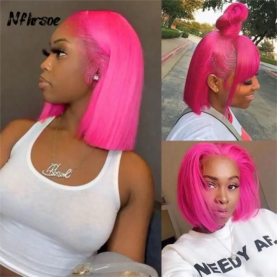 Highlight Hot Pink Colored Short Bob Raw 13x4 Lace Front Wigs For Women Human Hair Straight Wig Hair Lace Frontal Wigs For Women