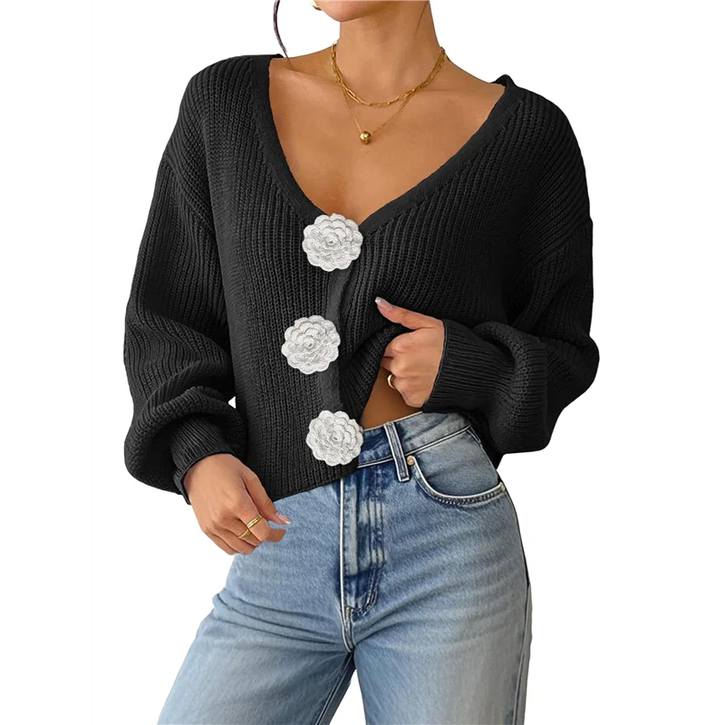 

【LAST-CHANCE!】Chic 3D Flower Crop Cardigan Sweaters For Female Fall Loose Open Front Long Sleeve Knitted Cozy Outerwear