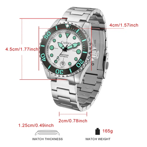 Imagen 2 del producto CADISEN AQUA DIVER 2024 nueva marca de relojes de lujo para hombres reloj automático Japón NH35A 100M reloj de pulsera mecánico luminoso impermeable
