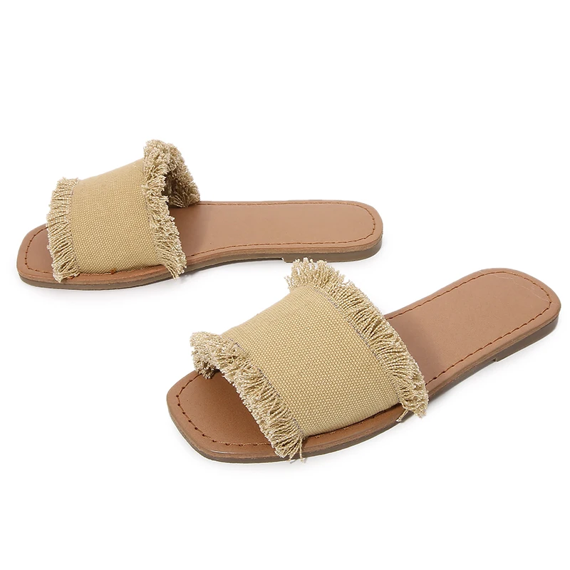 Casual Flats Tassel Rattan Grass Women Slippers Sandals Summer Beach Open Toe Canvas Slides Slip On Mules Shoes Flip Flops Woman