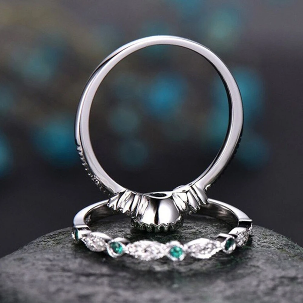 2 PCs Silver-Color Vintage Blue Zircon Ring For Women Fashion Classic Wedding Purple Pattern Ring Jewelry Set Gift