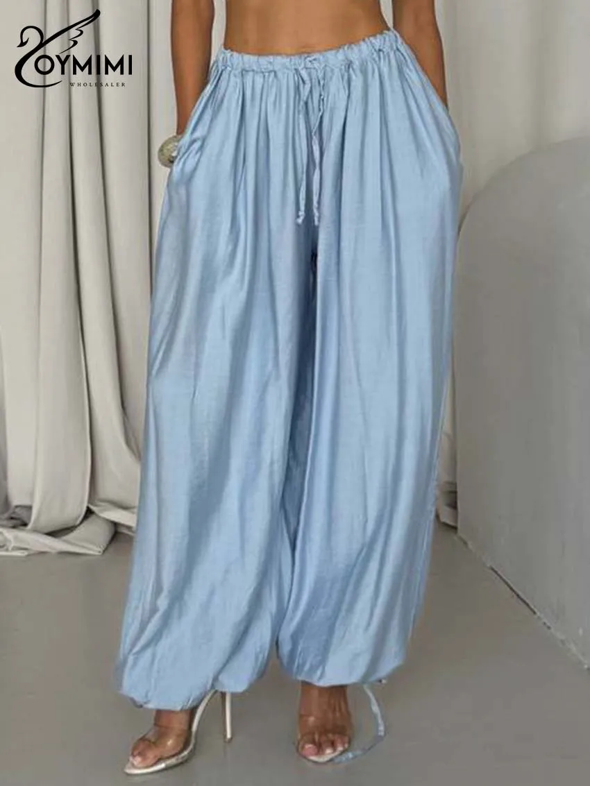Oymimi Elegant Blue Loose Women's Pants Fashion Mid Waisted Drawstring Trousers Casual Solid Pockets Ankle-Length Pants Female