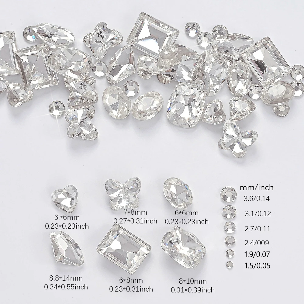 12 Grids 3D Flat Round Rhinestone Nail Charm Plus Large Shaped Nail Rhinestones Nail Gemstones Rectangular Strass DIY Nail Decor