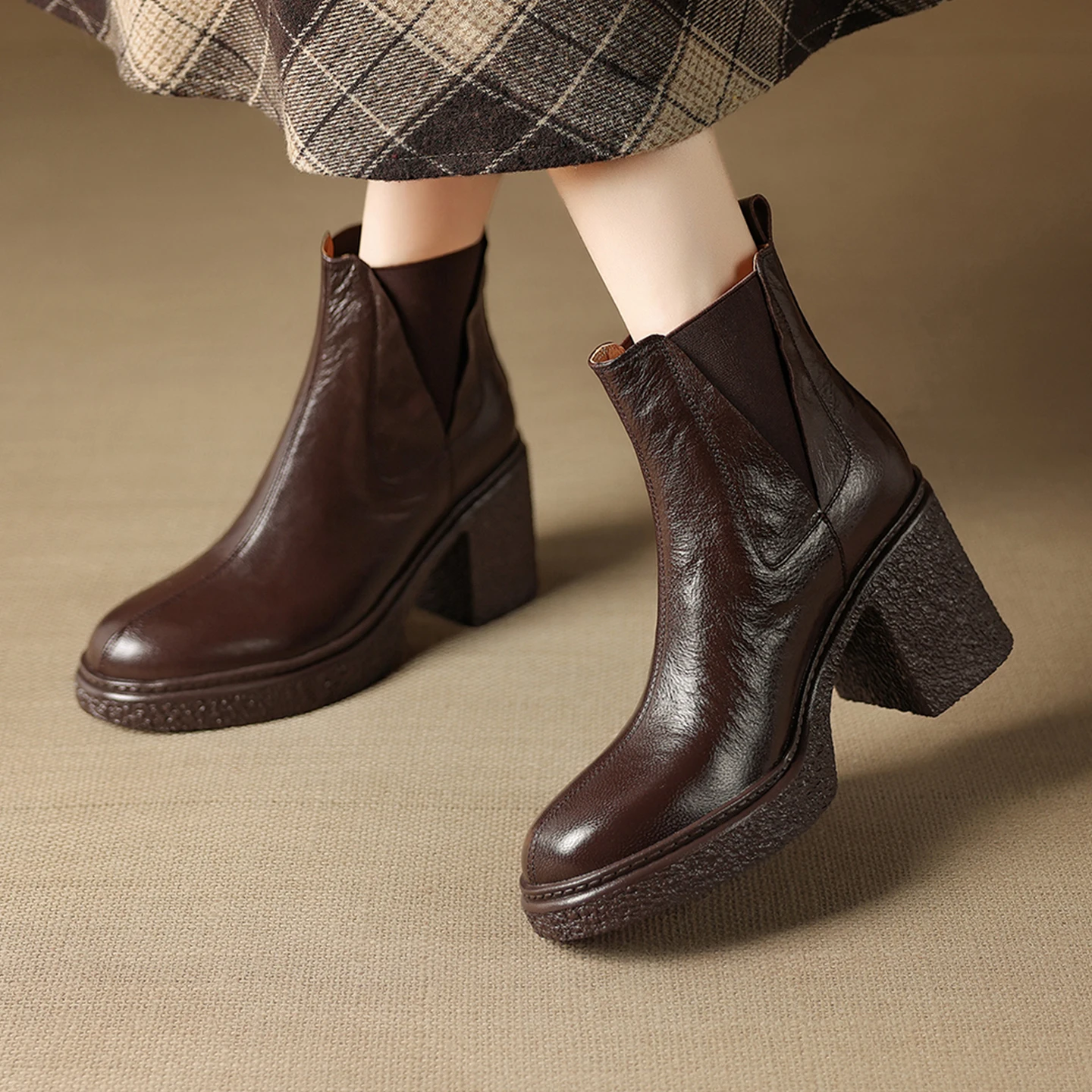 2026 new autumn winter women ankle boots natural leather plus size 22-25cm sheepskin round toe thick heel chelsea boots fashion