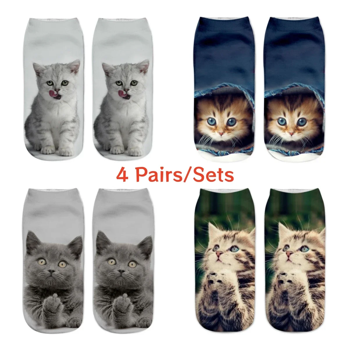 4pairs 3D Printed Children Socks Cute Cat Ankle Socks for Kids Boys Girls Funny Creative Unisex Floor Sock Four Seasons Baby Gif