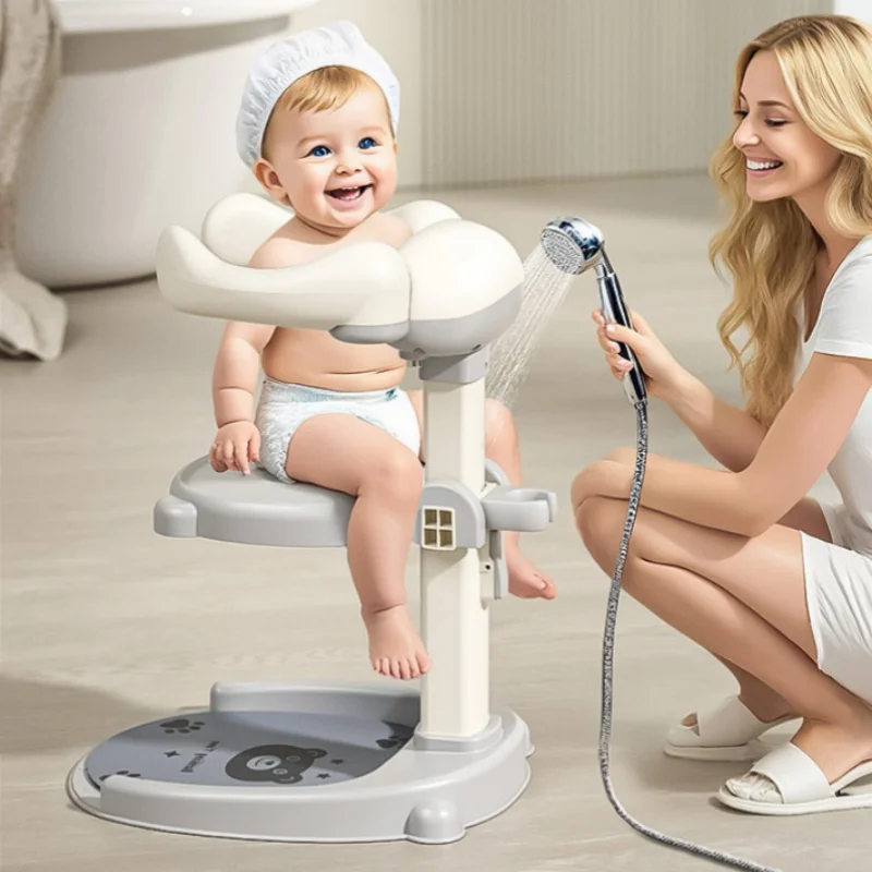 

Multi-functional baby bath stand with adjustable anti-slip feature for babies over 6 months old who can stand while bathing