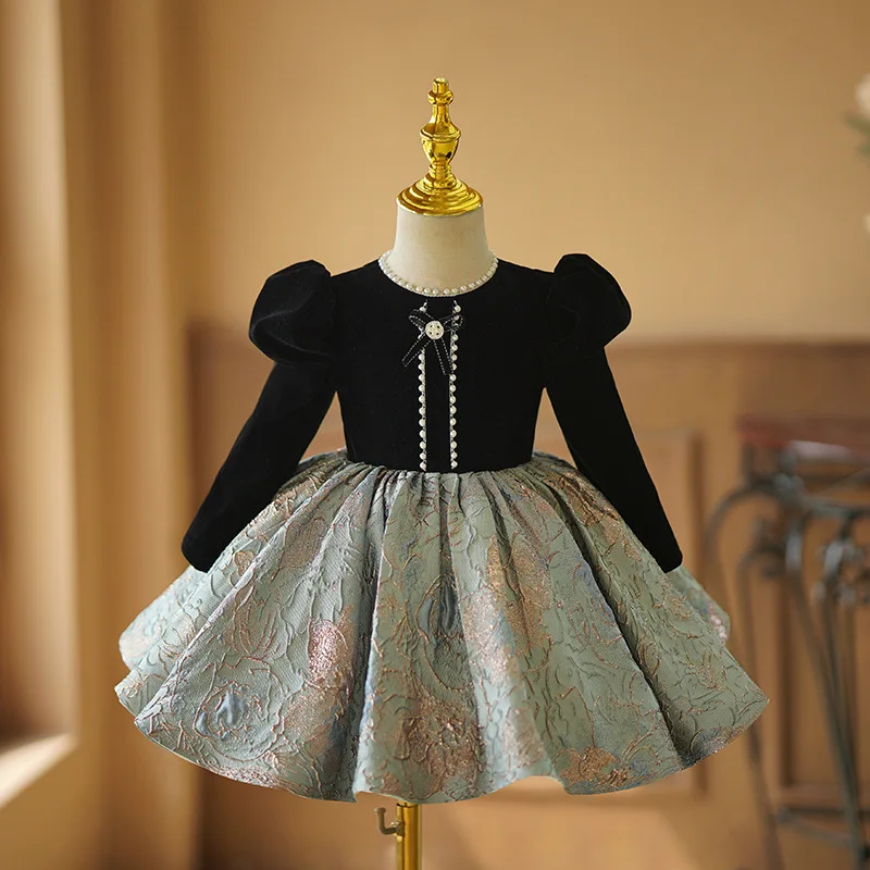 Girls' evening dress Light luxury niche high-end French Hepburn style piano performance pompous dress Children's princess dress