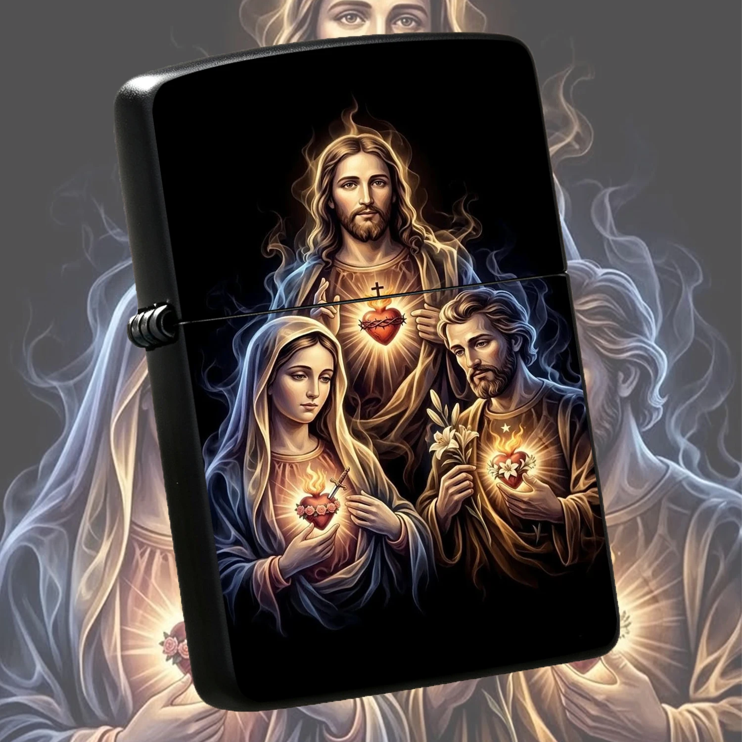 Holy Family Featuring Sacred Hearts Of Jesus Mary And St Joseph Exquisite Religious Belief Themed Print Windproof Portable Durable Practical Daily Ignition Tool Ideal For Religious Believers Devotional Use Thoughtful Festive Present For Fai