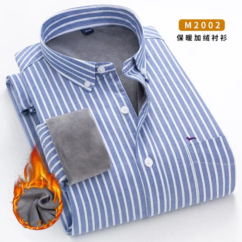 New Winter Men Casual Fashion 100%Cotton Long Sleeve Shirt Embroidery Blouse Keep Warm Striped Slim Fit Turn Down Collar Blouses