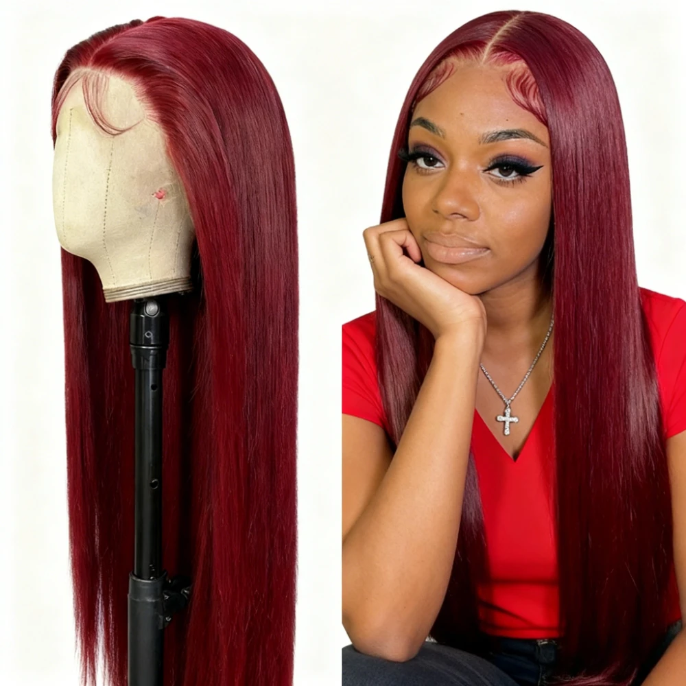

Парик из 100% натуральных человеческих волос, 220 плотности, 99J Бордовый, 40 дюймов, прямой фронтальный парик 13x6 с прозрачным HD-кружевом 13x4, красный, для женщин