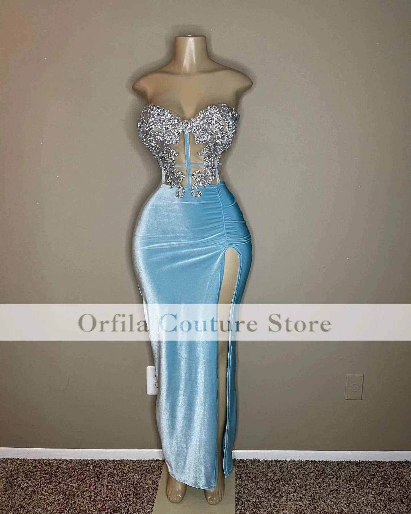 Bebê azul veludo vestido de baile fenda topo beading robe de soirée femme rendas até celebridade vestidos de festa à noite