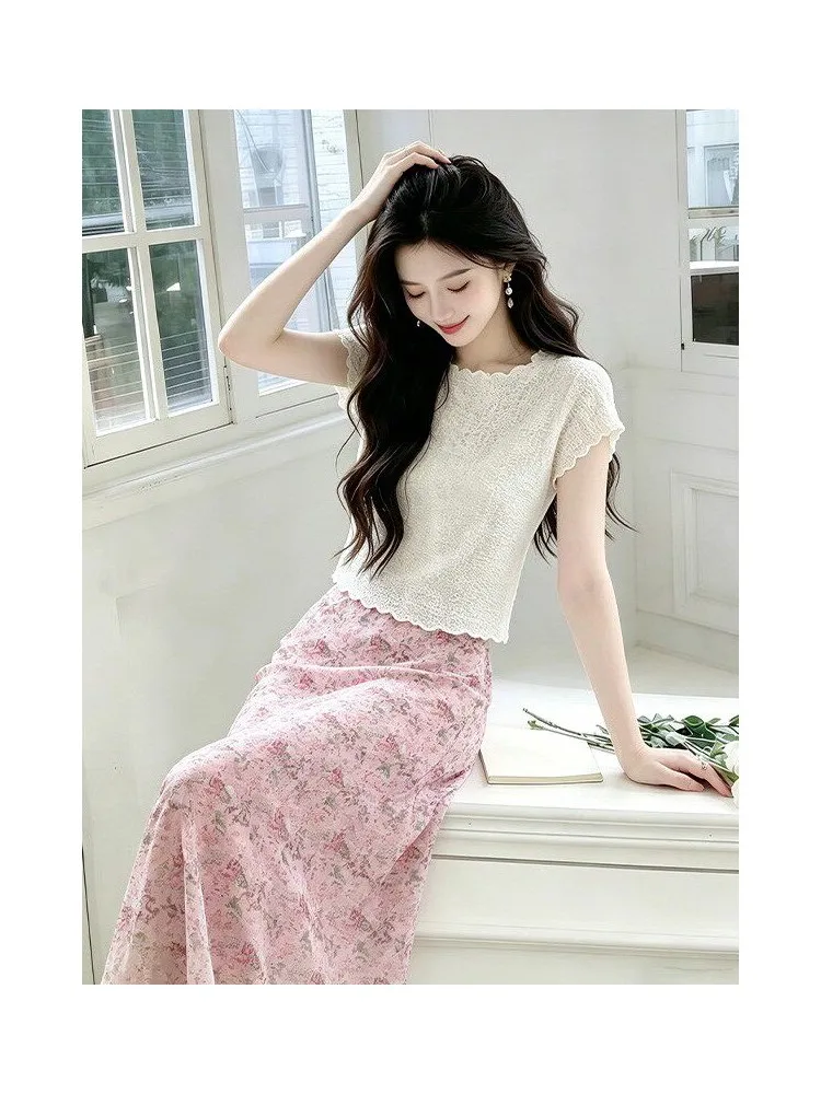 Summer Floral Texture High Waist Short Sleeve Two-Piece Set Gentle Wind Pure Color Fish Tail Skirt Simple Daily Korean Style