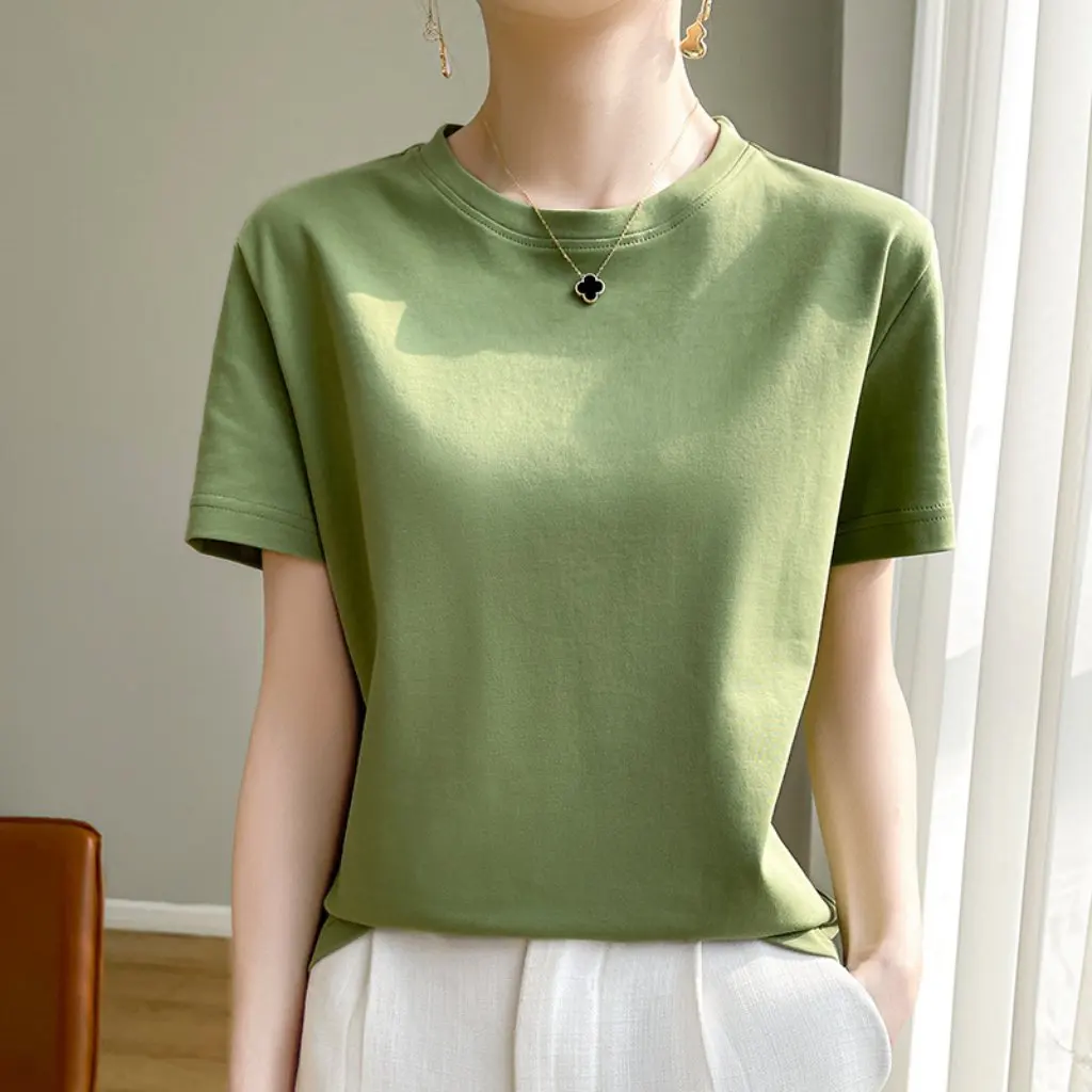 

Женская футболка из мерсеризованного хлопка с короткими рукавами и круглым вырезом, свободная облегающая летняя верхняя одежда с базовым слоем, верхняя одежда с половиной рукавов