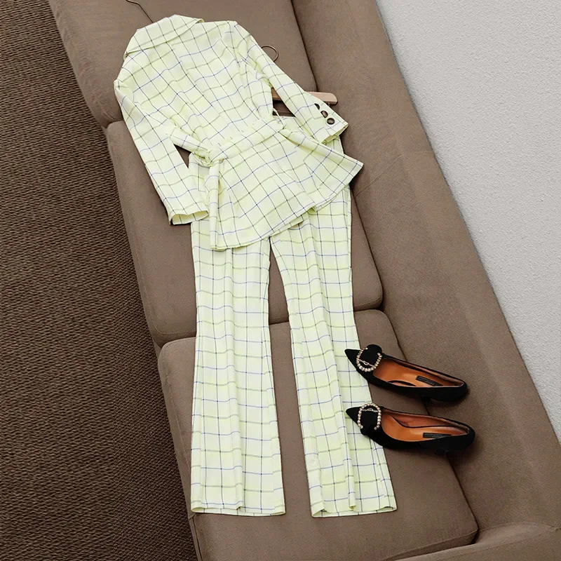 Women Elegant Plaid Suit Jacket Coat Top And Long Pant Two Piece Set Matching Outfit Office Ladies High Quality Clothing 2023