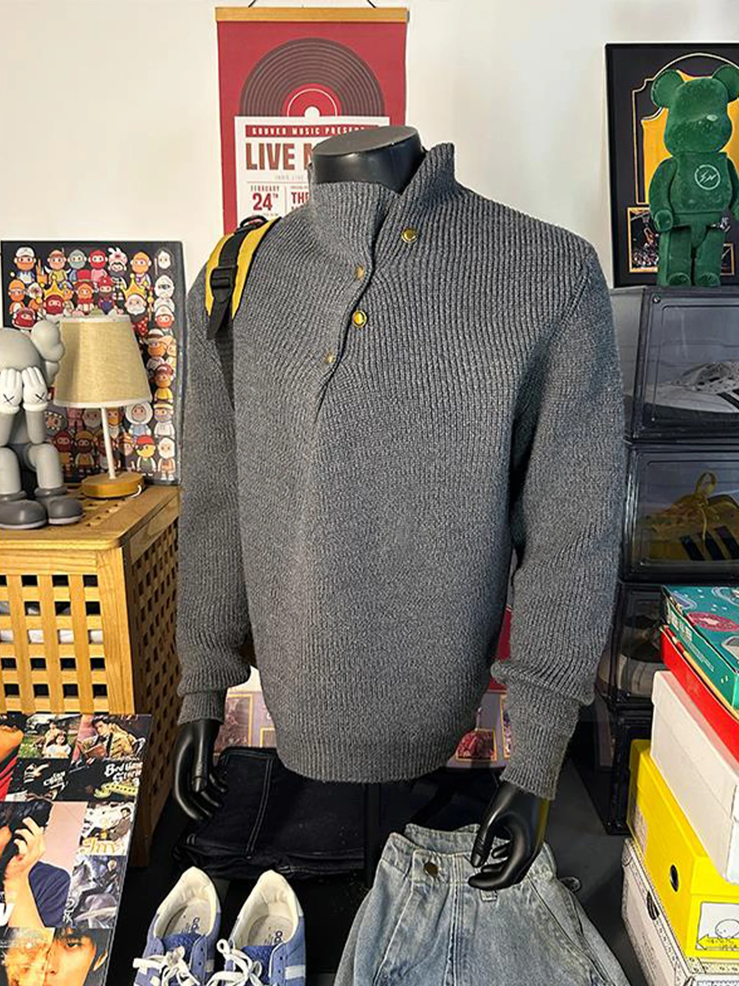 

Мужской повседневный вязаный свитер с высоким воротником, зимний, модный, брендовый, с металлическим декором, нестандартный дизайн, свободный крой, Ciwalk